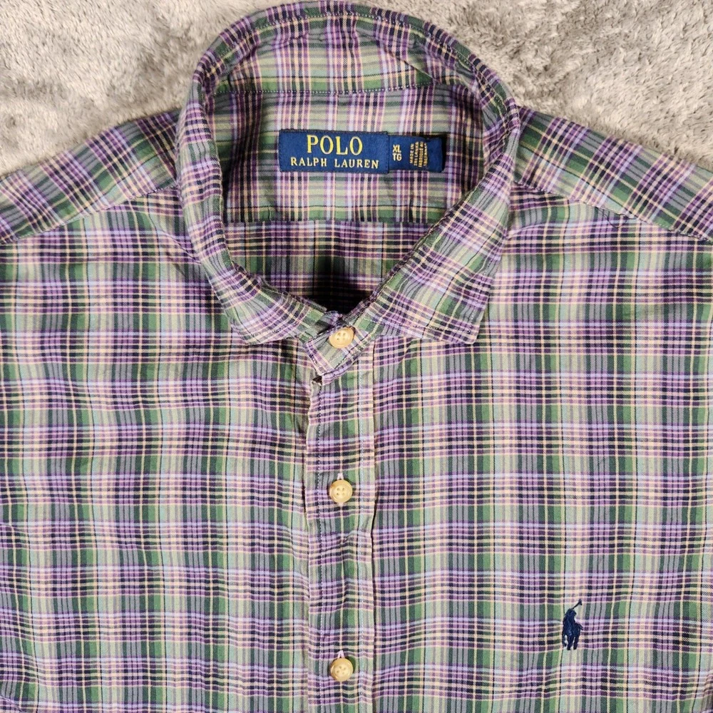 Polo Ralph Lauren Button Down Men XL Purple Green Excellent Plaid Long Sleeve